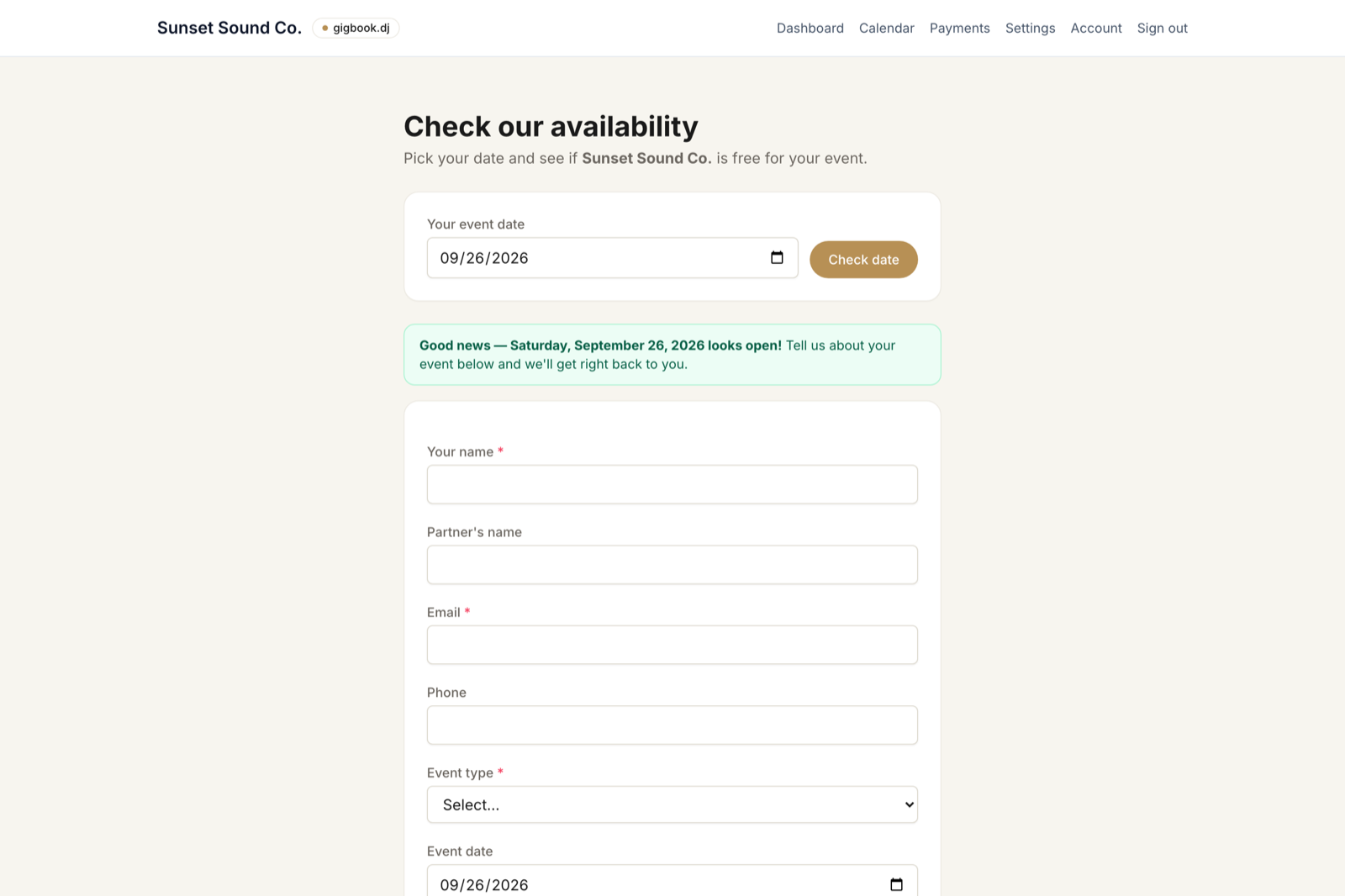 The public availability checker answering from the real calendar