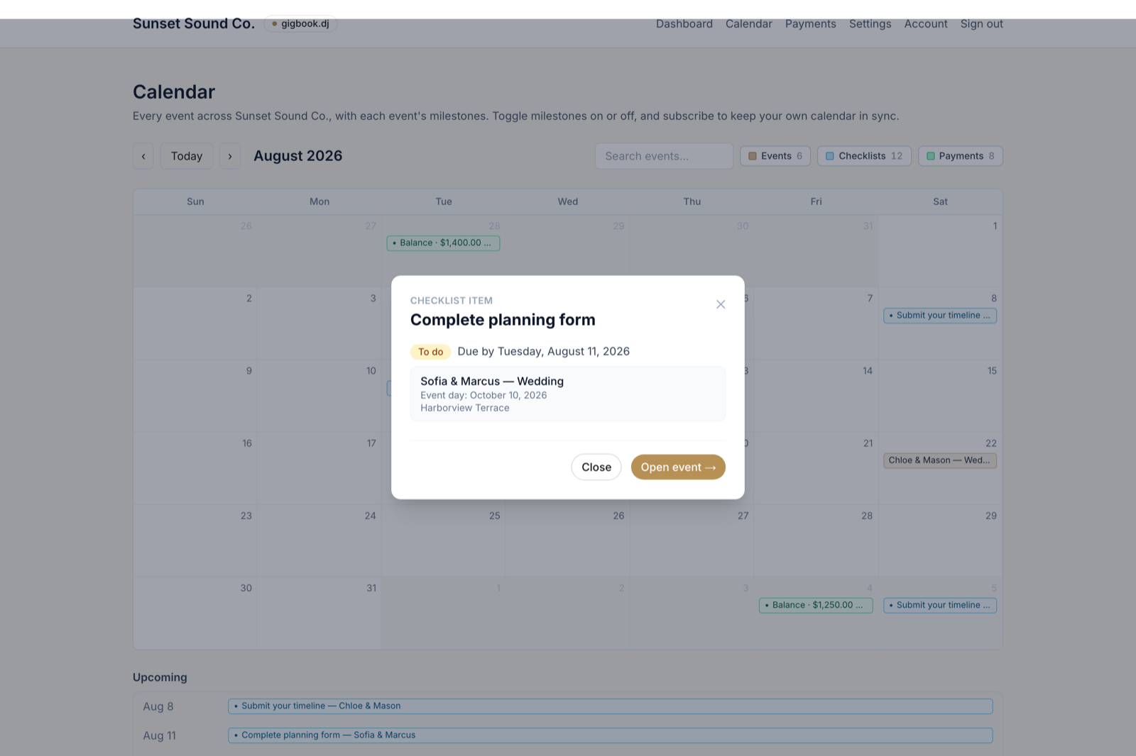 Previewing a checklist item without leaving the calendar