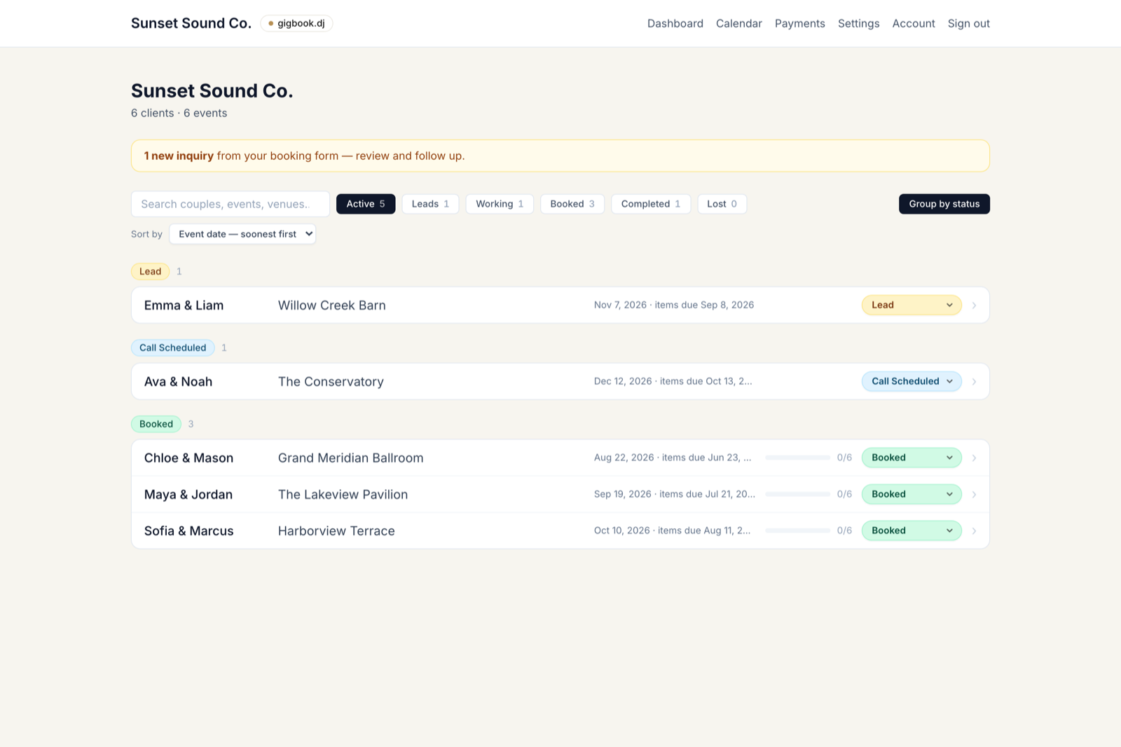 The dashboard grouped by status, with search and filter pills