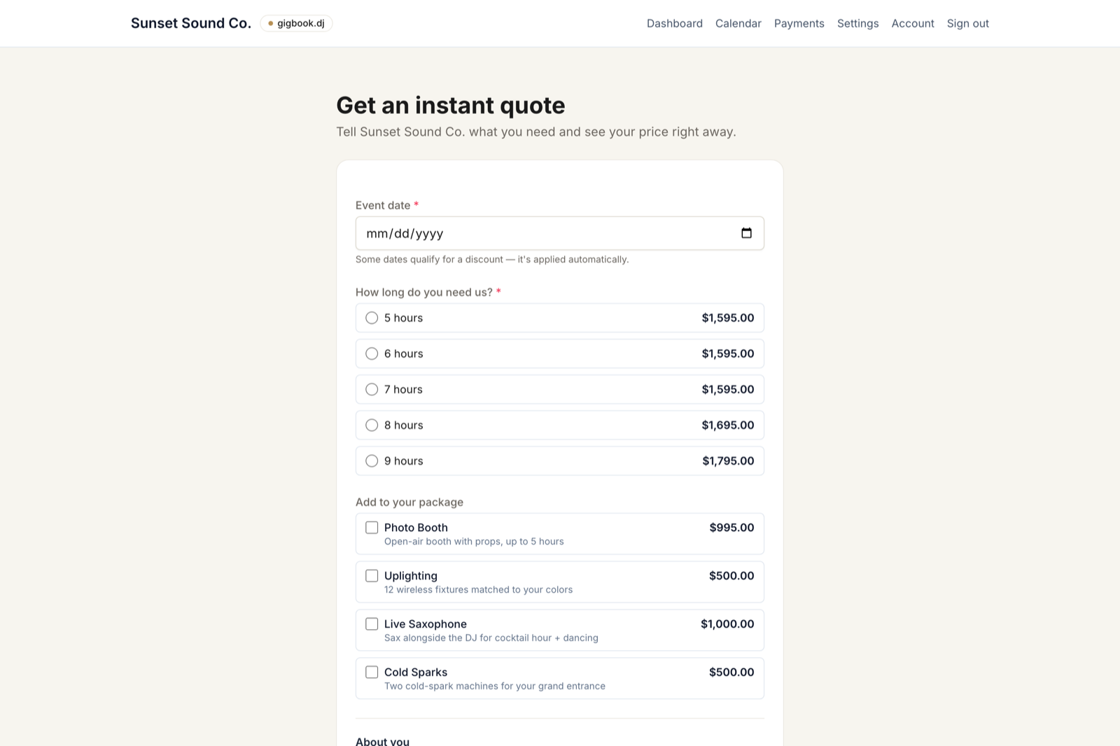 The public instant-quote form — hours, offerings, and prices up front