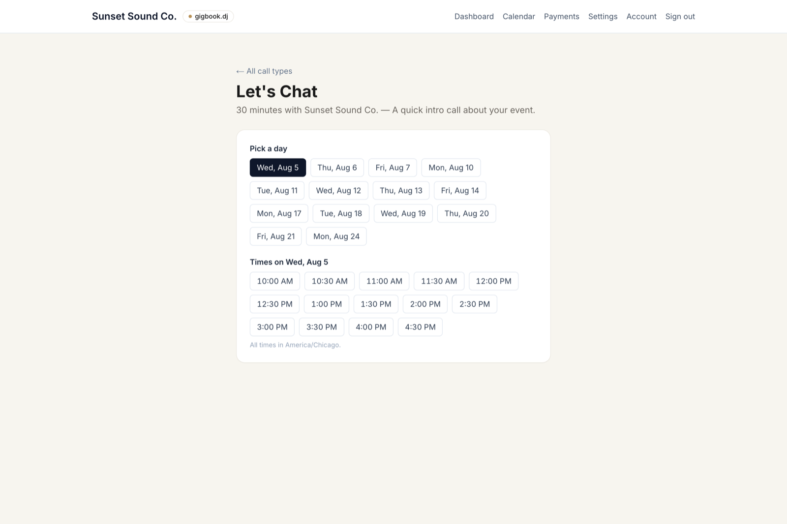 Booking a call — pick a day, pick a time, all inside your availability
