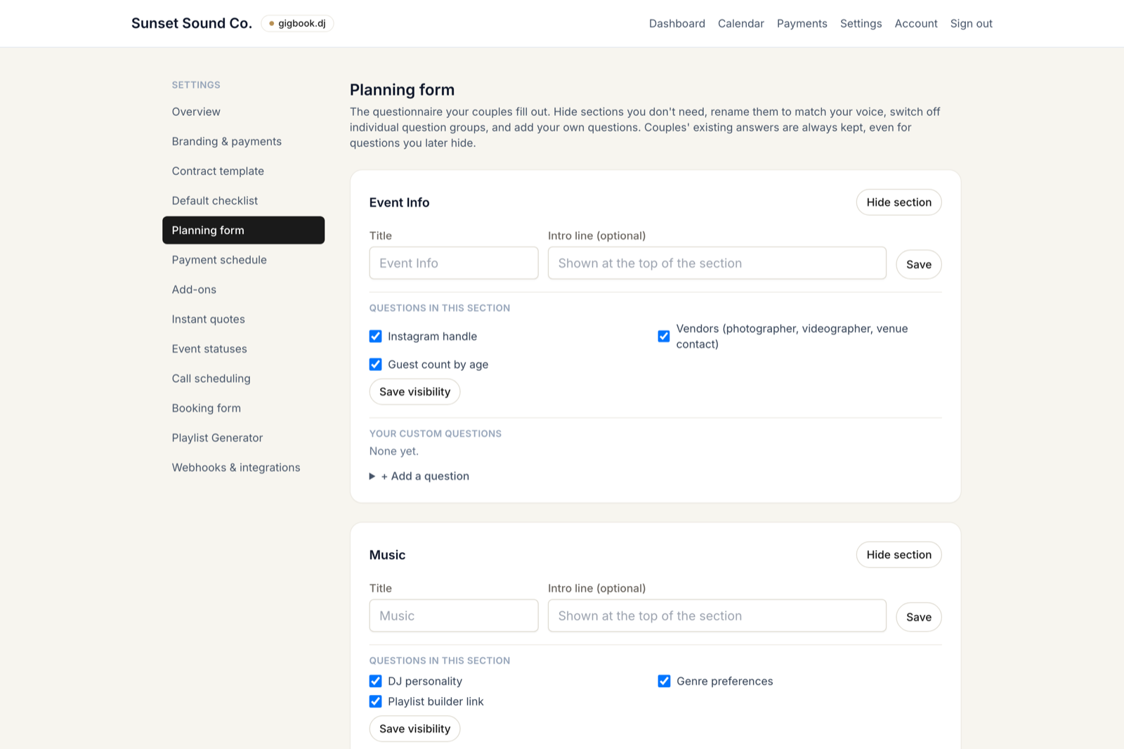 Planning-form settings — hide, rename, and add questions